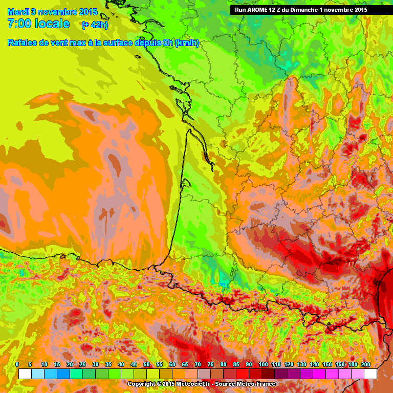Vent maxi sur 48h Arome